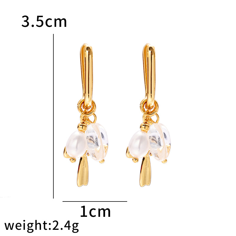 Nicho europeo y americano diseño de alta calidad DIY perla verdadera piedra natural galvanizado 18k oro real latón pendientes de cristal blanco mujer