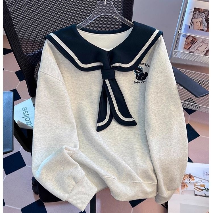 College-style color-blocked navy collar lace-up embroidered sweatshirt for women, 2026 autumn new fashion, loose and trendy top