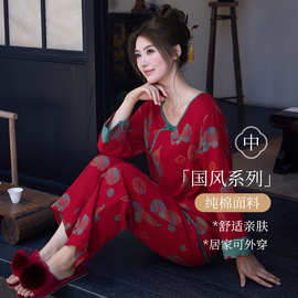 国风中式居家女士睡衣纯棉双层纱布春夏季薄款九分袖裤大红色套装
