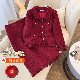 300kg plus size women's chubby girl winter cotton wine red coat small style skirt two-piece 2024 new