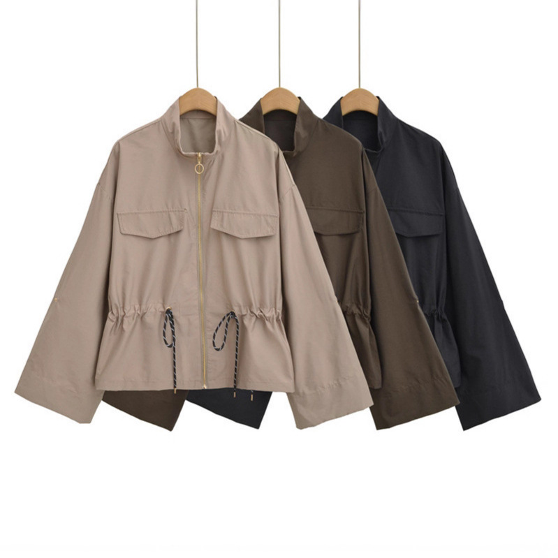 2025 Autumn European and American Style Fashion Zipper Metallic Zipper Trench Coat Safari Style Tie-Waist Jacket