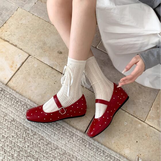 Inner Heightened Version ~ Retro Gimmel Rivet Ballet Shoes Women's Spring and Autumn Buckle Shallow Mouth Mary Jane Shoes