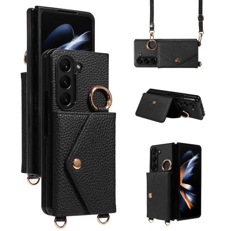 Suitable for Samsung Z Fold5/4 Flip Foldableing Screen Card Holder Crossbody Mobile Phone Leather Case Fold3/6 Mobile Phone Case