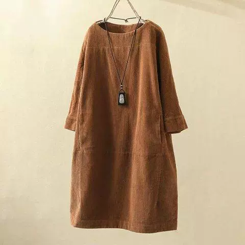 秋冬新款灯芯绒复古纯色连衣裙宽松连衣裙胖妹妹大码女装灰色黑色