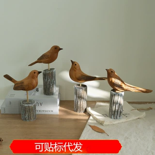 北欧风实木小鸟摆件树桩底座创意家居装饰品桌面工艺摆件复古做旧