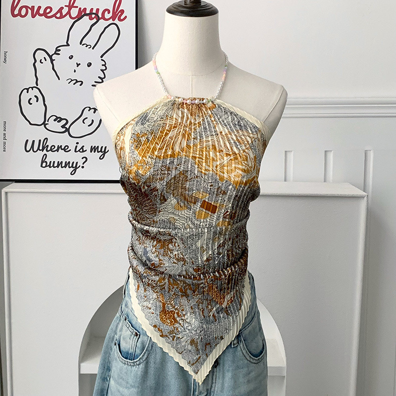 Pleated Silk Scarf Multifunctional Summer Outfit Oil Painting Short Vest Women's Niche Design Tube Top Halter Neck Sling