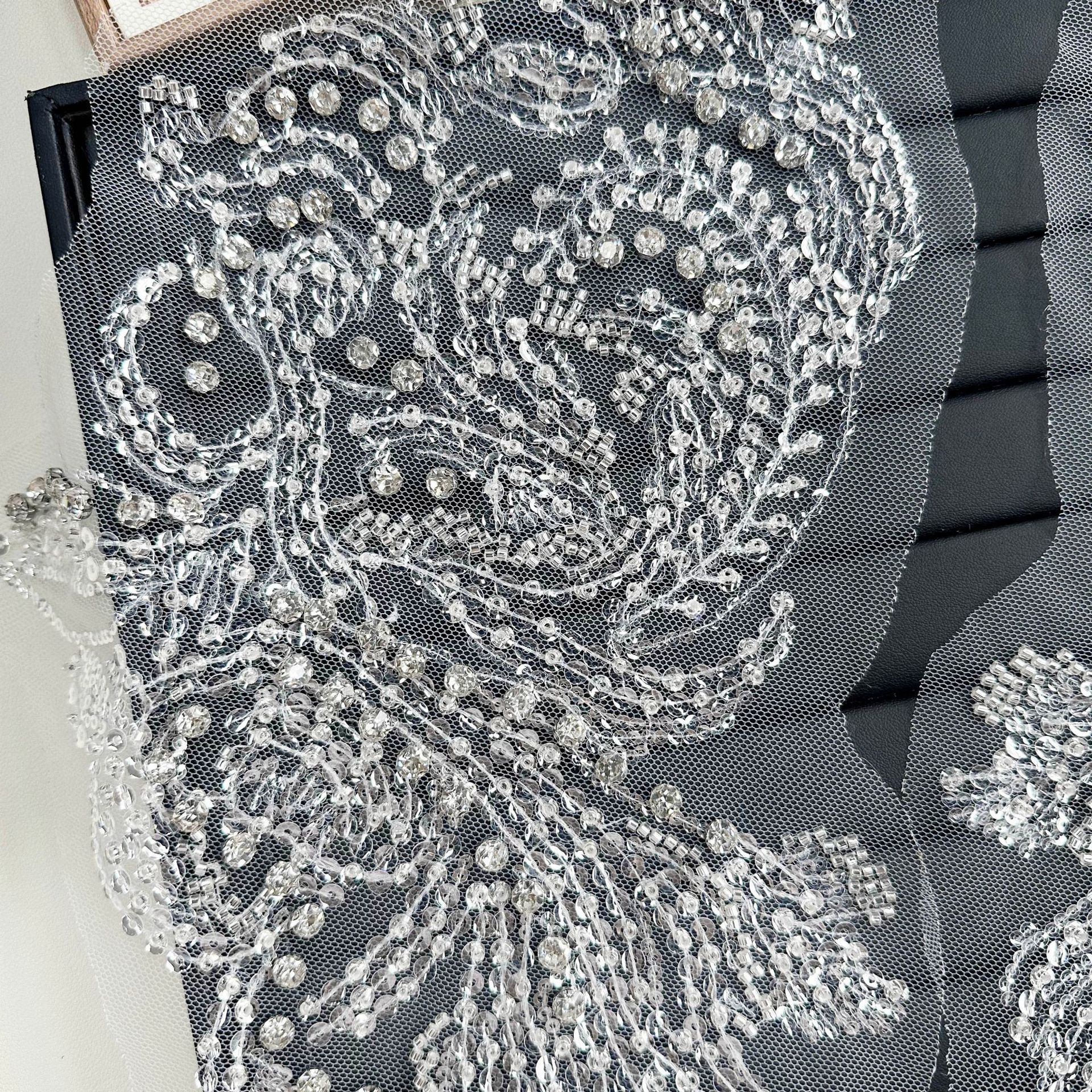 Silver Ash Beaded Lace Patch Wholesale| Vestido de boda collar flor decoración sequin bordado accesorios| Alta densidad