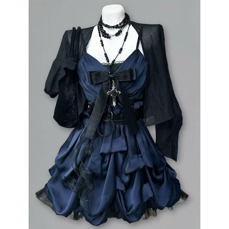 [in Stock] Dark Night Ink Blossom Retro Sweet Cool Set Summer Gentle Cardigan Bow Lace Strap Dress Two-Piece Set