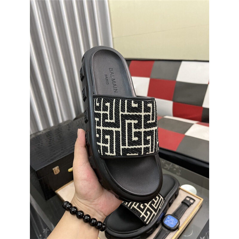 European Luxury Brand Balmain Men's Slip-On Shoes Comfortable Outdoor Genuine Leather Slippers