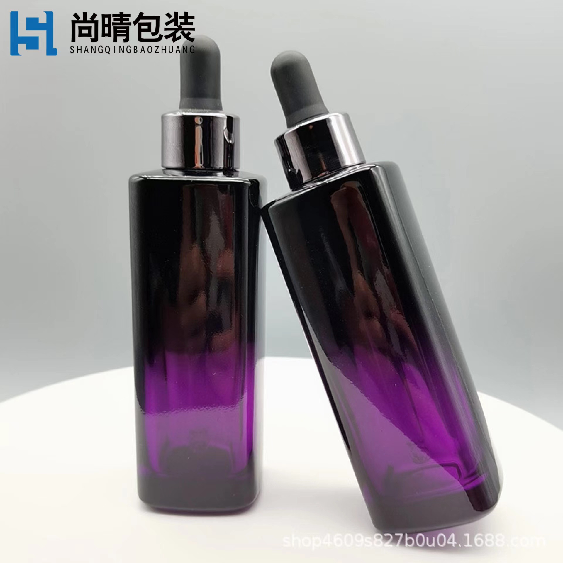 En stock gran marca púrpura botella negra botella de vidrio cuadrada 75ml botella cuentagotas botella de esencia botella de aceite esencial cosmético material de embalaje