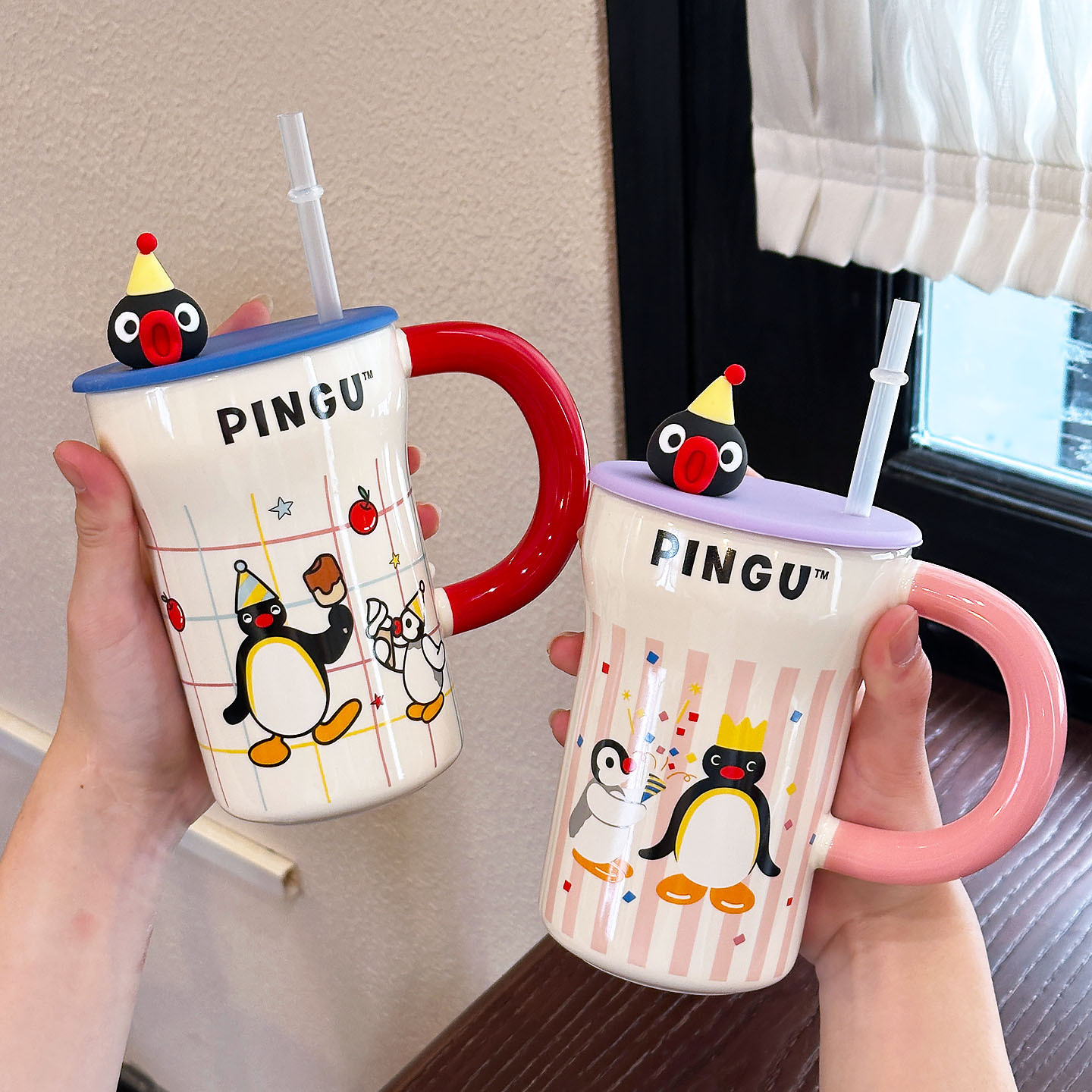 Tao Dian Pingu familia de pingüinos de dibujos animados lindos tazas de paja para parejas en el hogar tazas de agua de gran capacidad