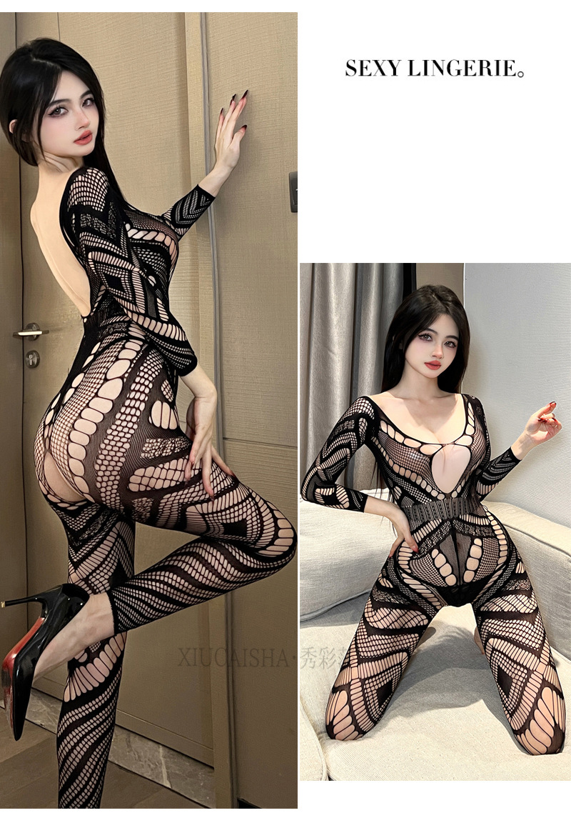Open-Crotch Fishnet Bodystocking with Deep U Back and Mid Sleeves — detail image 12