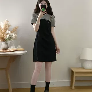 假两件收腰连衣裙女微胖mm大码拼接设计感显瘦小黑裙裙子女夏大码