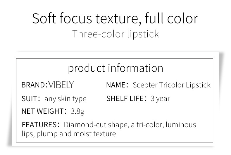 VIBELY Scepter three-color matte non-stick rim, carrot cubes color-changing lipstick, one three-color lipstick beauty makeup Item Picture