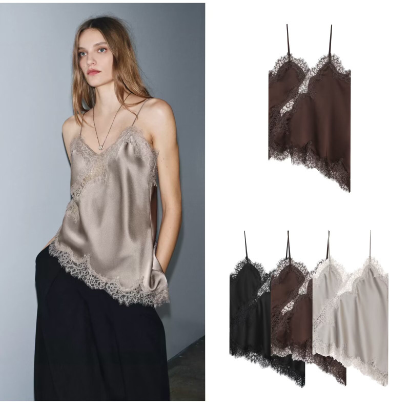 Nssf Self-Made European and American Style New Women's Fashion Lace-Trimmed Silk Satin Texture Camisole Top 5919105