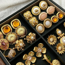 中古vintage银针耳环金属爱心花朵几何流苏耳钉复古高级感重工饰