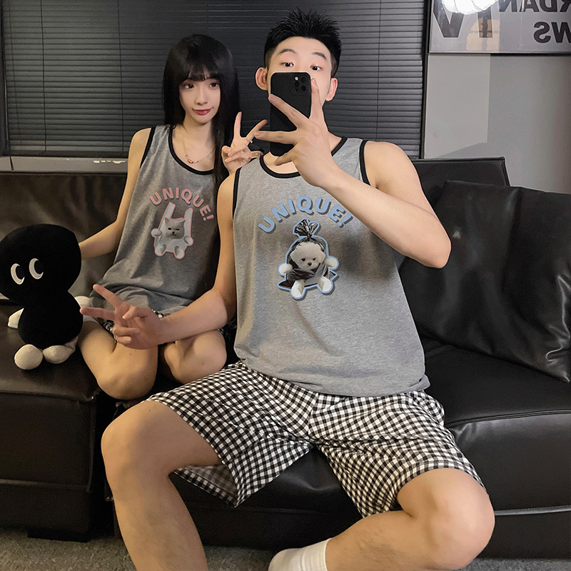 Perro a cuadros Pijamas de pareja Chaleco de verano para mujer Pantalones cortos de dos piezas Dibujos animados para estudiantes Ropa de casa para hombres Se puede usar afuera