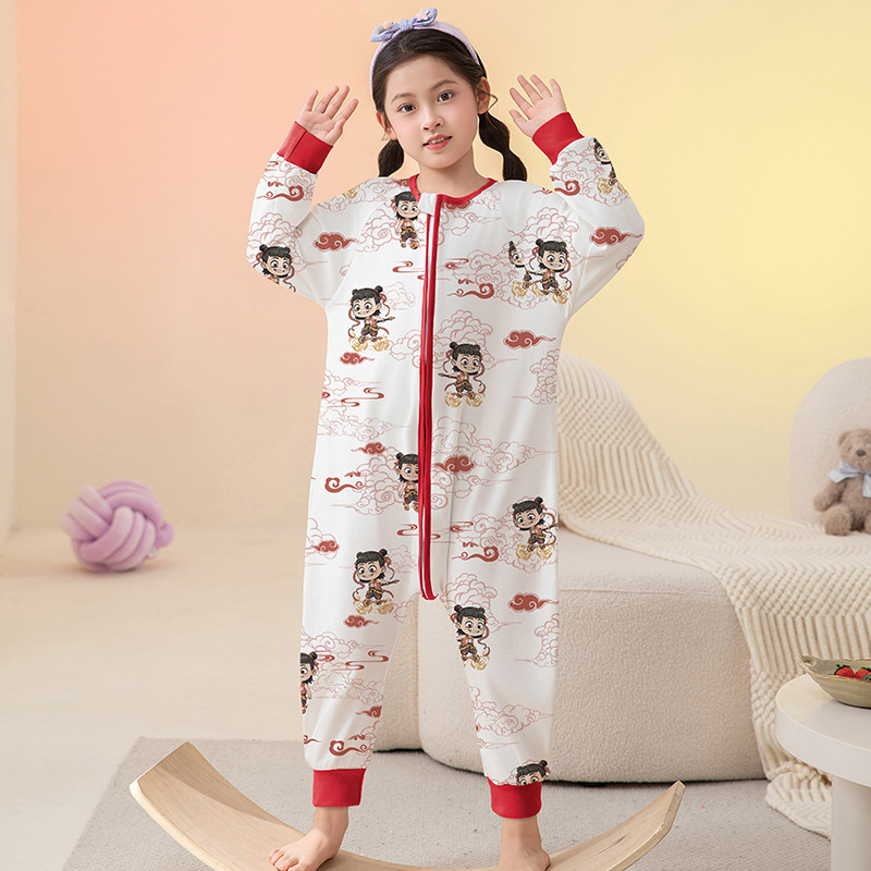 Nezha Kidsren's Sleeping Bag Spring & Fall Girls Pure Cotton Belly Protection Anti-Cold One-Piece Pajamas Cartoon Girl Baby Home Clothes