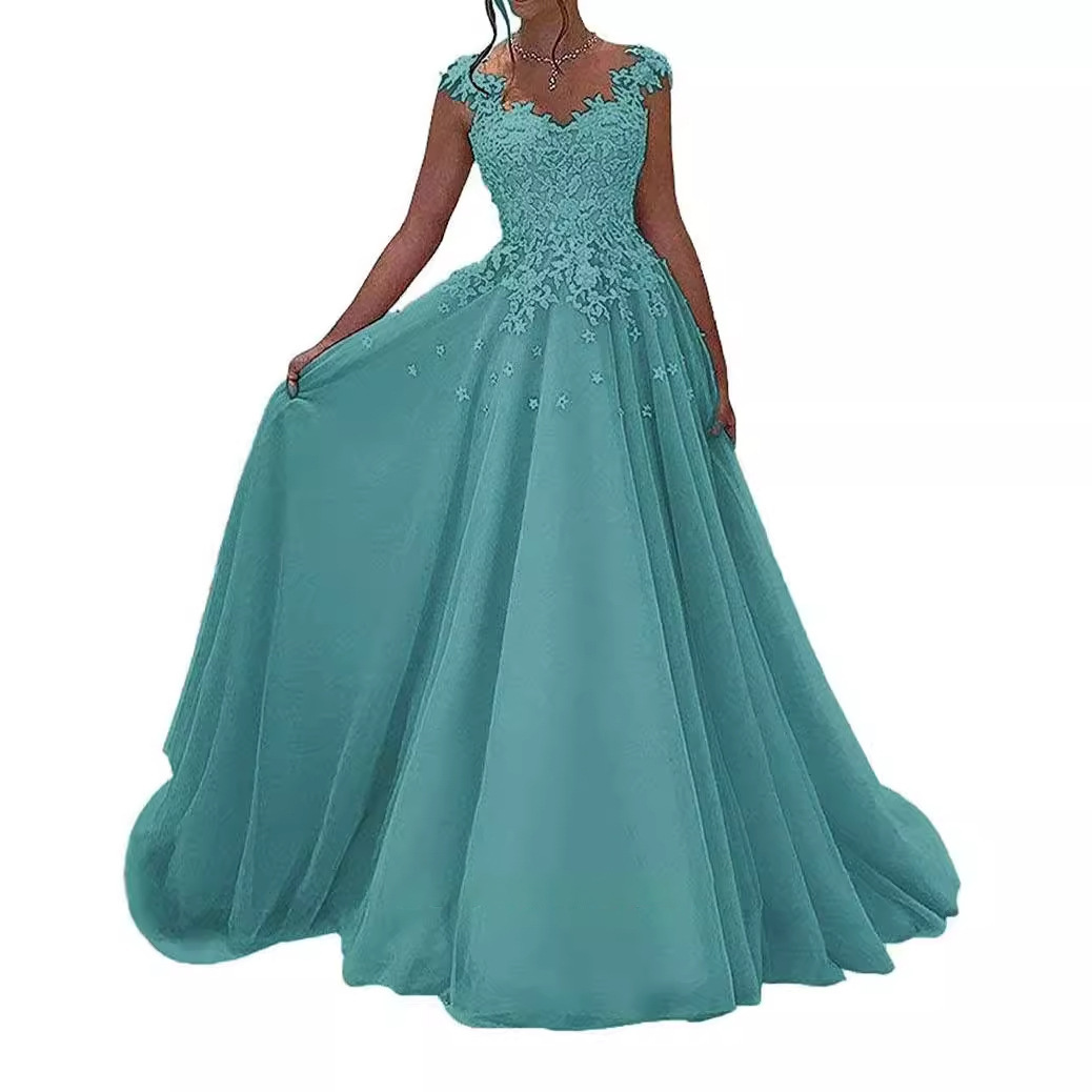 Nuevo vestido de noche con tirantes transfronterizo, gasa de encaje, fiesta de cumpleaños, vestido largo con temperamento, vestido de compromiso nupcial