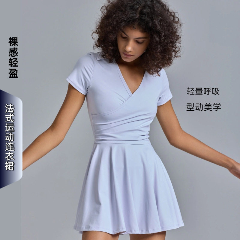 Tennis Dress French-Style Polo Short-Sleeve Badminton Sports Dress Outdoor Golf V-Neck Yoga Long Dress with a Lightweight Feel