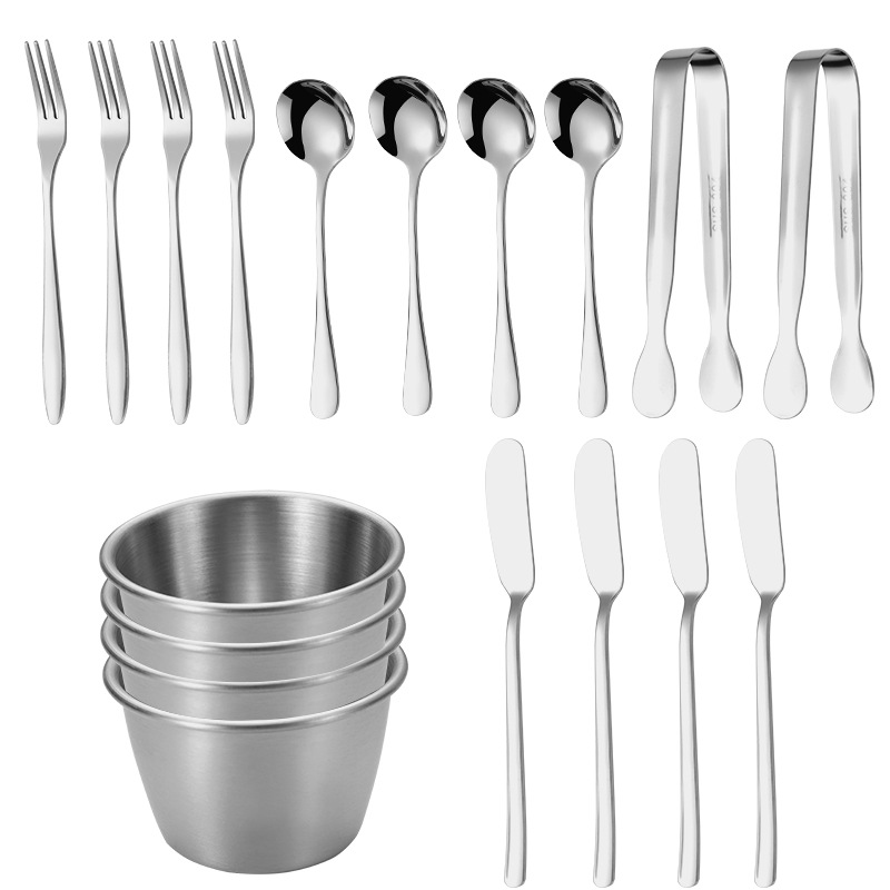 Traje de espátula de mantequilla de queso de acero inoxidable de Venta caliente transfronteriza mini clip de servicio cuchara Tenedor taza de salsa de inmersión conjunto de 18 piezas
