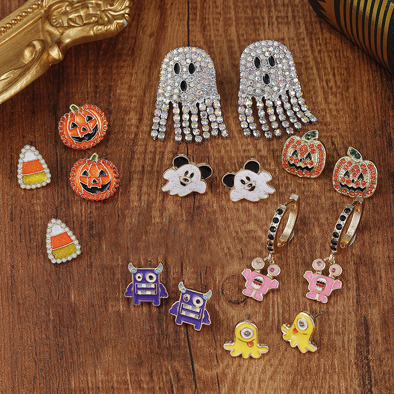 ハロウィンオイルドロップイヤリング卸売 欧米越境アクセサリー リトルモンスター ダイヤモンド付きパンプキンイヤリング 魔女マスクイヤリング|undefined