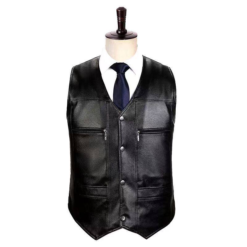 Áo vest nam da PU lót nhung có túi lớn, form rộng ấm áp cho người trung niên và người lớn tuổi — Màu đen
