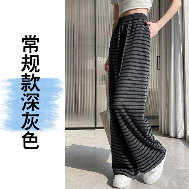 灰色条纹裤子女宽松阔腿裤女秋季高腰垂感慵懒风糯米纹直筒休闲裤|undefined