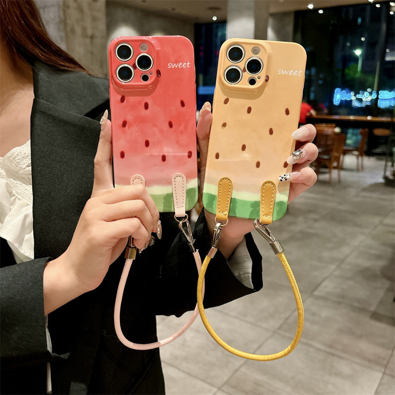 Summer Fresh Watermelon Suitable for Iphone16Pro Mobile Phone Case Apple 15Pro Leather Lanyard 14Pro All-Inclusive