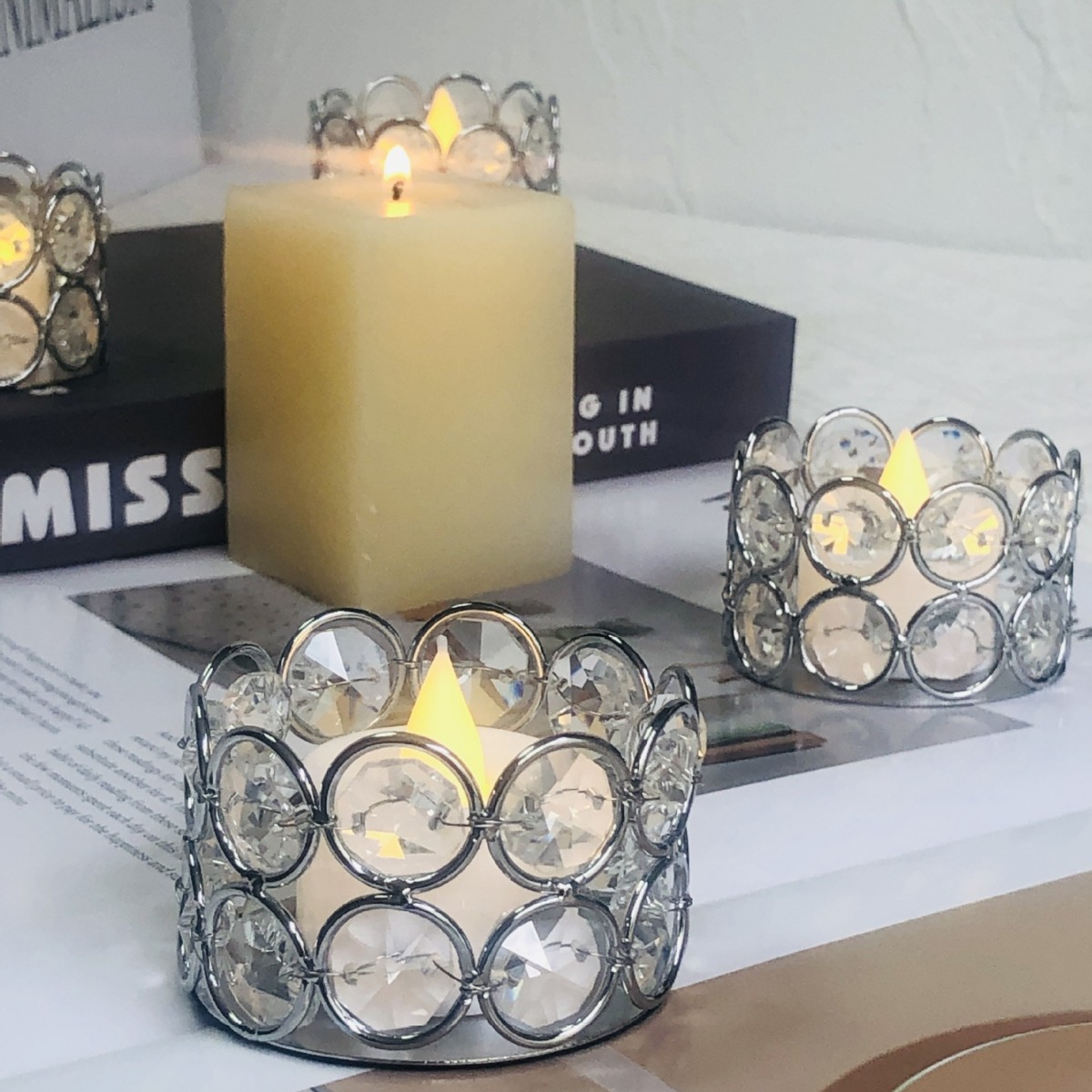 Candelabro de hierro forjado con copa de vidrio hueca, decoración elegante para bodas y Navidad