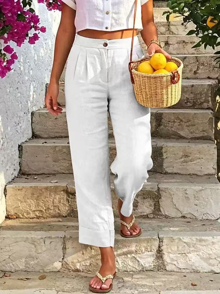 Women's Linen-Cotton Blend Summer Trousers | Casual High-Waisted Button-Front Pants | Breathable Relaxed Fit Wide-Leg Pants For Women_ecoleips.com