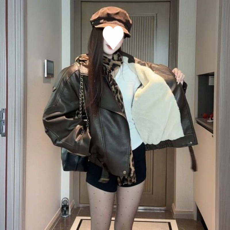 Fleece-Lined Thickened Autumn and Winter New Leather Jacket for Women, Hong Kong Style Versatile Leather Jacket, Korean Style Loose Biker Jacket