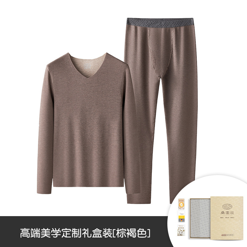 Conjunto de ropa interior térmica de lana de seda para otoño e invierno para hombre, ropa térmica gruesa con forro polar de color puro, ropa de otoño y pantalones de otoño en stock