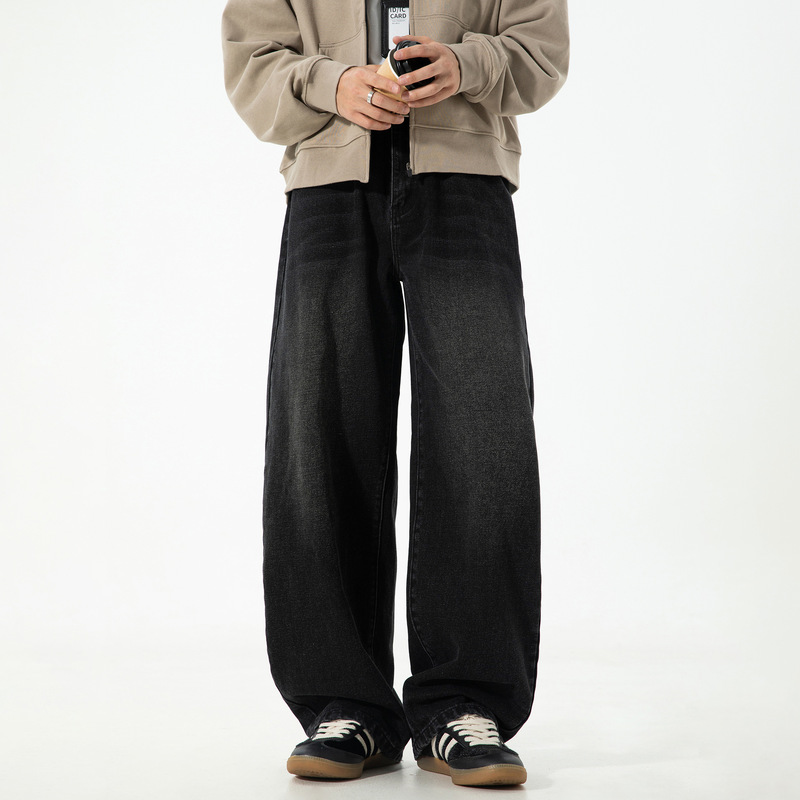 美式复古廓形牛仔裤男秋季高街水洗做旧潮牌直筒裤质感宽松长裤子