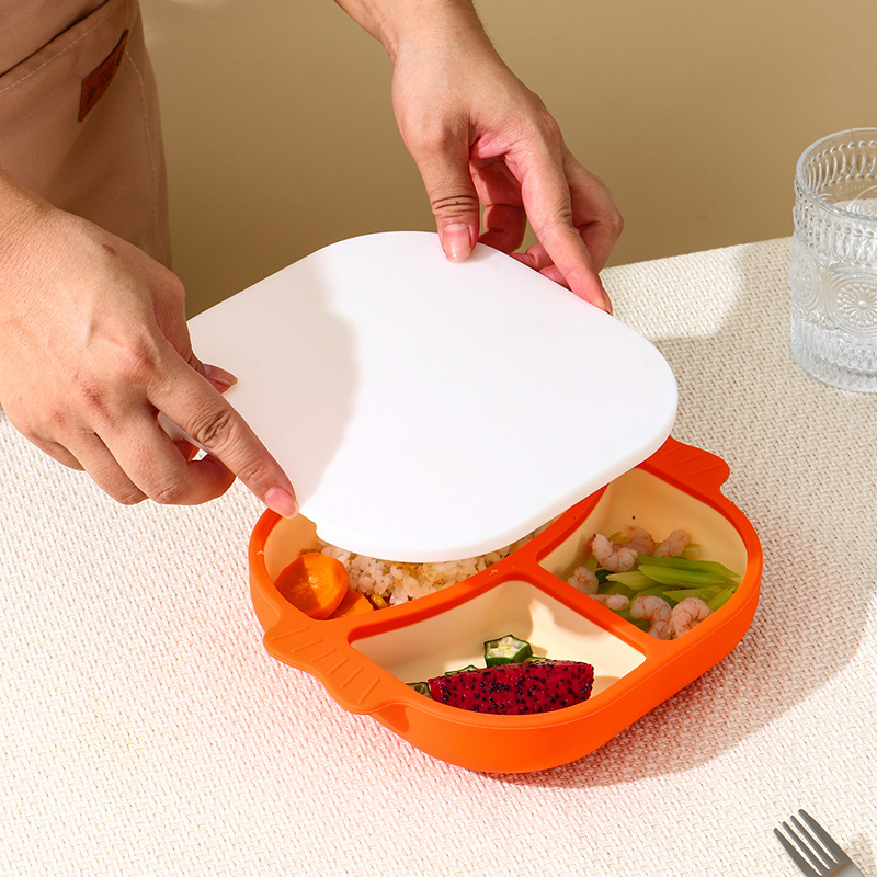 Dinner Plate with Compartments, Suction Cup Integrated Baby Food Spoon, Silicone Bowl, Children's Tableware, Eating Aid with Lid