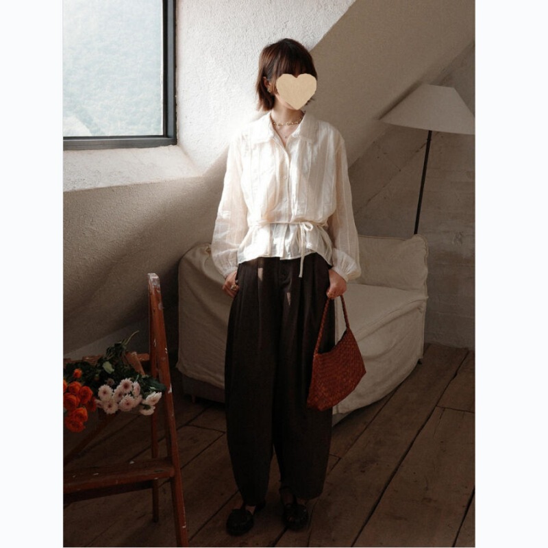 "White Drawing Workshop" "Angelia" 26Ss Early Spring New Striped Jacquard Waist-Adjustable French-Style Shirt for Women