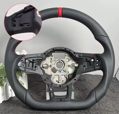 Suitable for Golf 7/7.5 GTI R steering wheel, Volkswagen upgraded and modified sports steering wheel (Steering wheel) - semi-perforated-red-leather-with-a-pick-hole-and-red-stitching