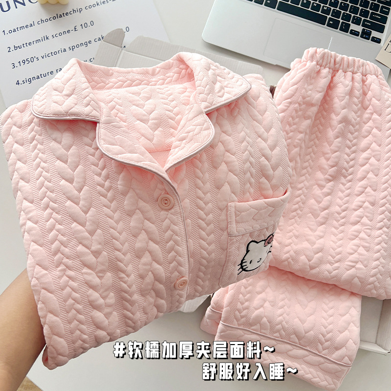 (2개) 고급 핑크 키티 고양이 잠옷 여성의 가을과 겨울 두꺼운 공기 면 긴팔 바지 귀여운 홈 옷
