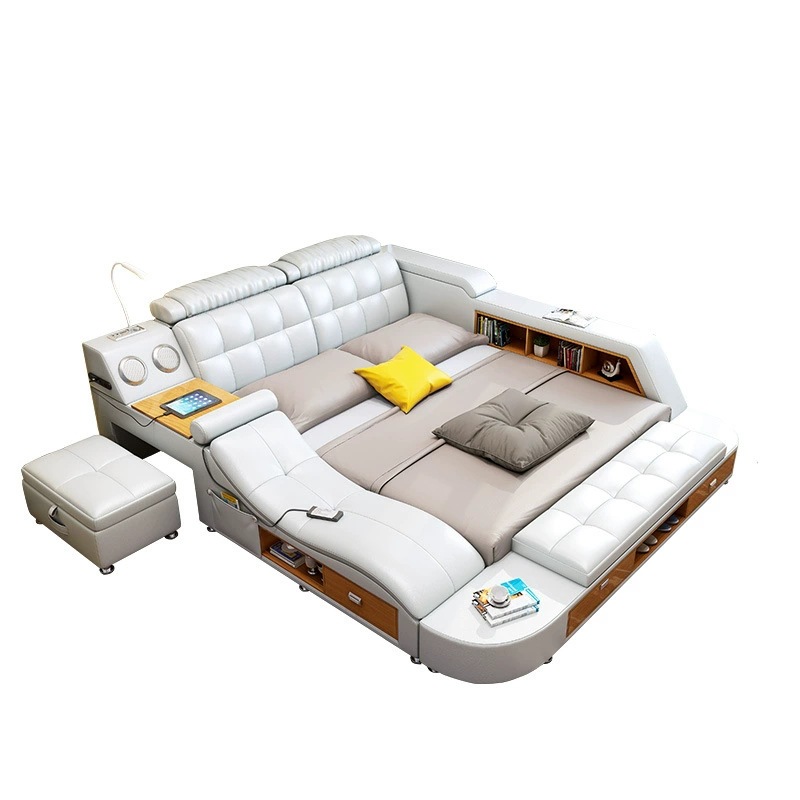 Cama de cuero genuino de 1,8 m, cama doble moderna y sencilla, cama de boda con respaldo suave, cama grande y divertida, dormitorio principal, cama moderna de 1,5 m image 5
