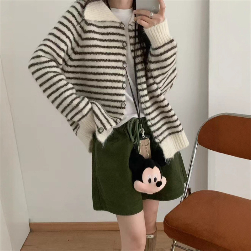 韩系复古多巴胺条纹毛衣开衫女秋冬新款宽松翻领拼色慵懒针织外套|undefined