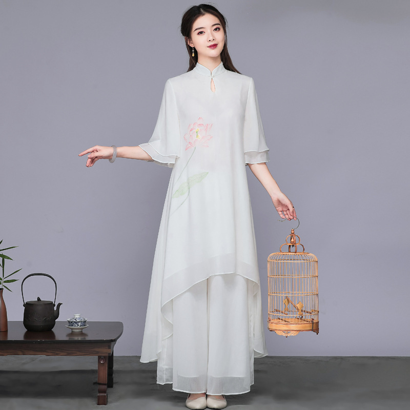 Chinese Style Tang Suit Set Tea Dress Artistic Retro Chiffon Dress Zen Clothing Meditation Performance Costume Fairy Style