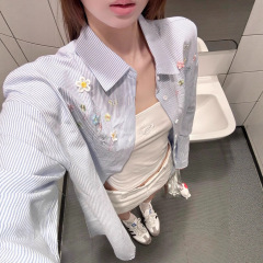 国潮牌宽松黄色条纹立体花朵刺绣衬衫外套女夏薄款防晒长袖上衣