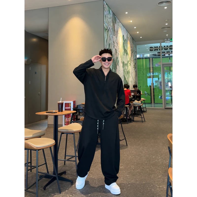 时尚酷帅云朵绒卫衣套装秋季休闲宽松立领半拉链潮流卫衣休闲裤|undefined