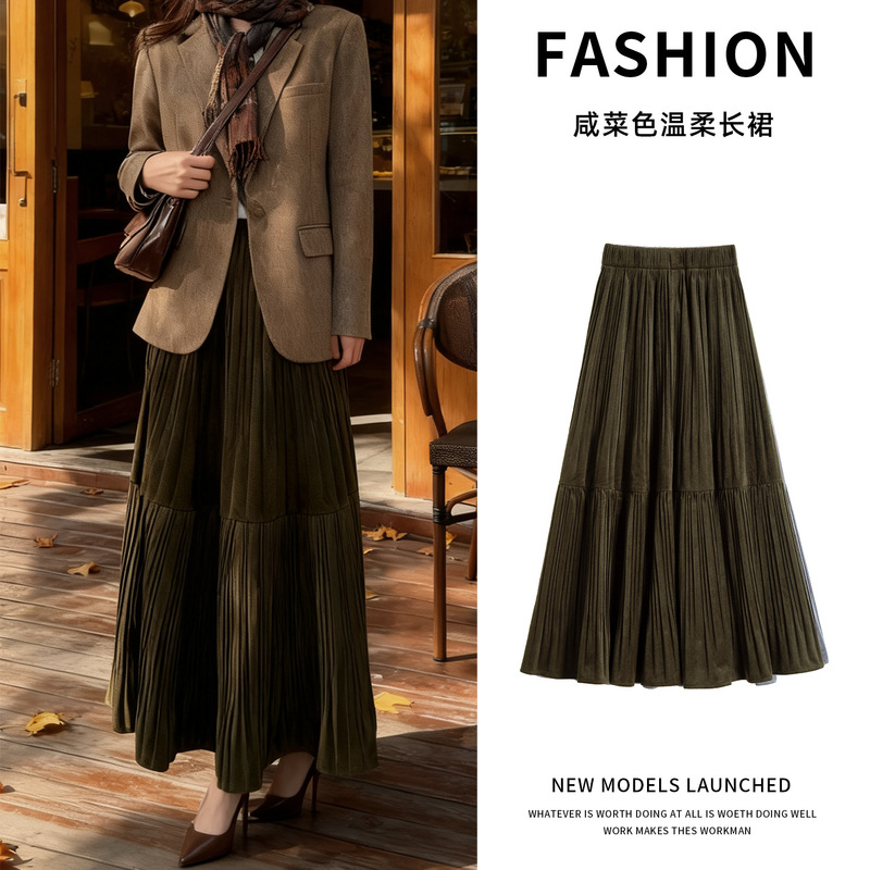 Velvet Pleated Skirt for Women, Spring and Autumn, Elastic High Waist, Slimming, Hip-Covering, Drapey A-Line Long Skirt with Wide Hem