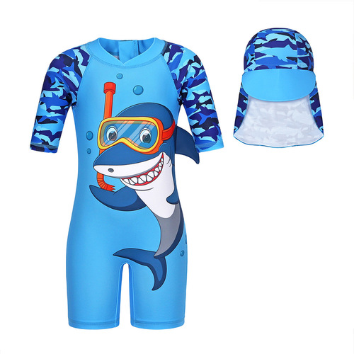 New Model Foreign Trade Children's Swimwear for Young Children, European and American Children's Swimwear, One-piece Cartoon Shark Sun Protection Surfing Suit for Boys