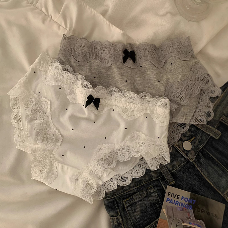 The Polka Dots of the Grass ~ Extra Long Pure Cotton Crotch Type a Retro Style Lace Edge Women's Briefs 2025 New Four Seasons