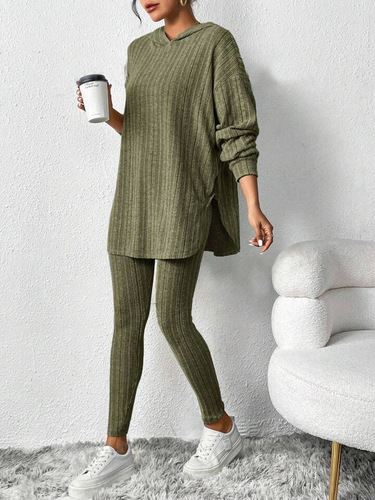 Autumn and winter European and American women's clothing pit strip loose hooded long-sleeved casual trousers threaded suit