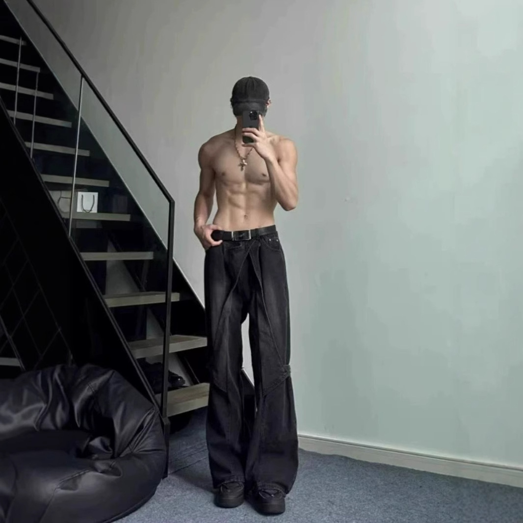 boy Black Cargo Jeans For Men, Design Sense Deconstructed Pants, European And American High Street Tall Flared Pants_voghion.com