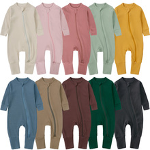 bamboo竹纤维婴儿连体衣坑条春秋冬长袖双拉链包手包脚宝宝睡衣