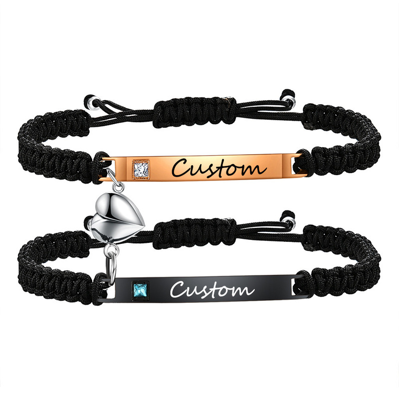 European and American Style 6-8mm Couple Set Black Woven Diamond-Encrusted Smooth Long Bar Engraved Heart Magnetic Diamond-Encrusted Bracelet for Women European and American Style 6-8mm Couple Set Black Woven Diamond-Encrusted Smooth Long Bar Engraved Heart Magnetic Diamond-Encrusted Bracelet for Women